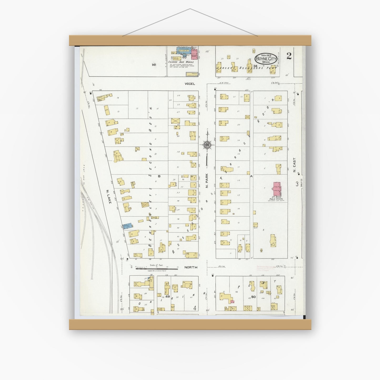 Old map wall art mockup — magnetic wood frame on white wall — Sanborn Fire Insurance Map from Boyne City, Charlevoix County, Michigan (1919), Sheet #0002
