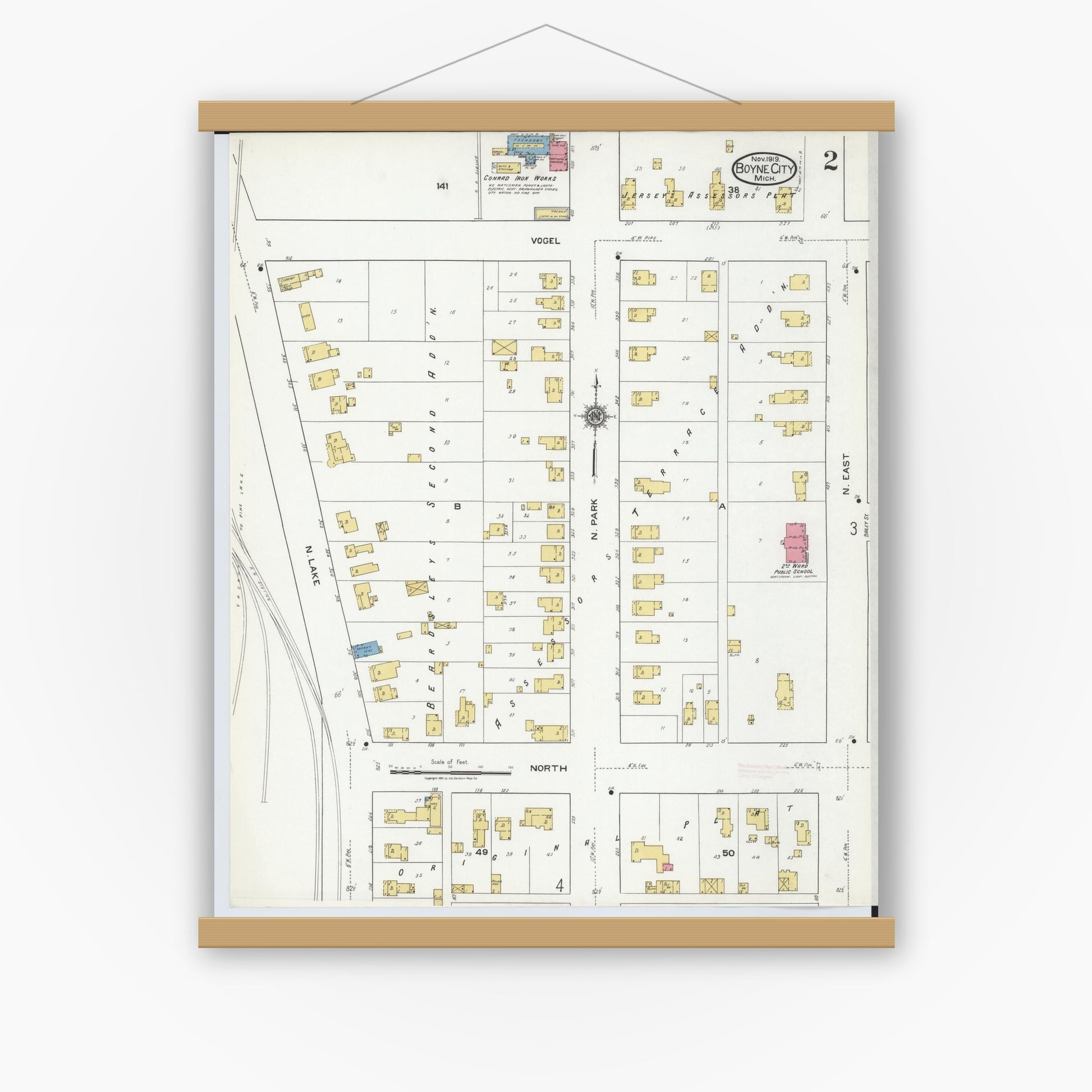 Old map wall art mockup — magnetic wood frame on white wall — Sanborn Fire Insurance Map from Boyne City, Charlevoix County, Michigan (1919), Sheet #0002