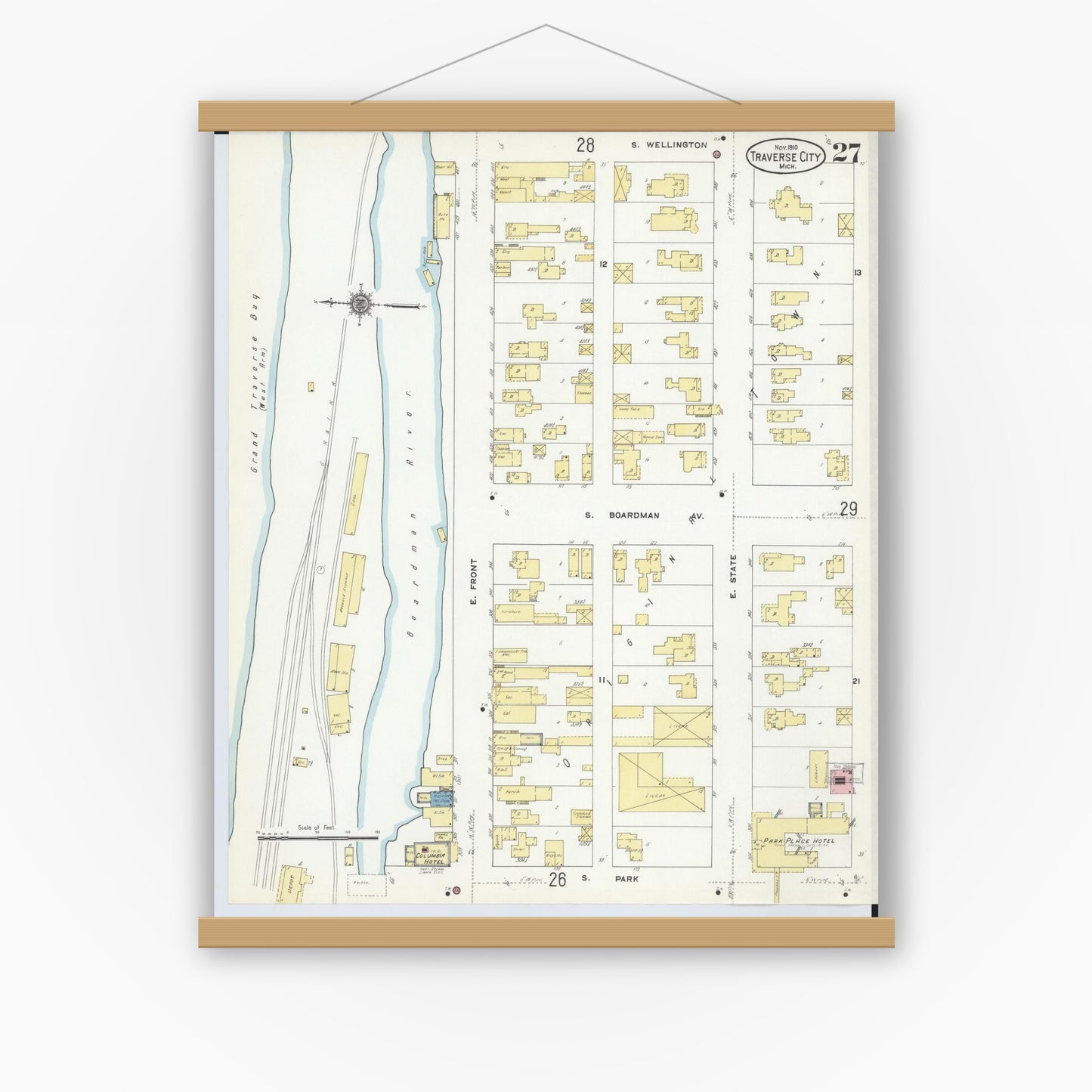 Old map wall art mockup — magnetic wood frame on white wall — Sanborn Fire Insurance Map from Traverse City, Grand Traverse County, Michigan (1910), Sheet #0027