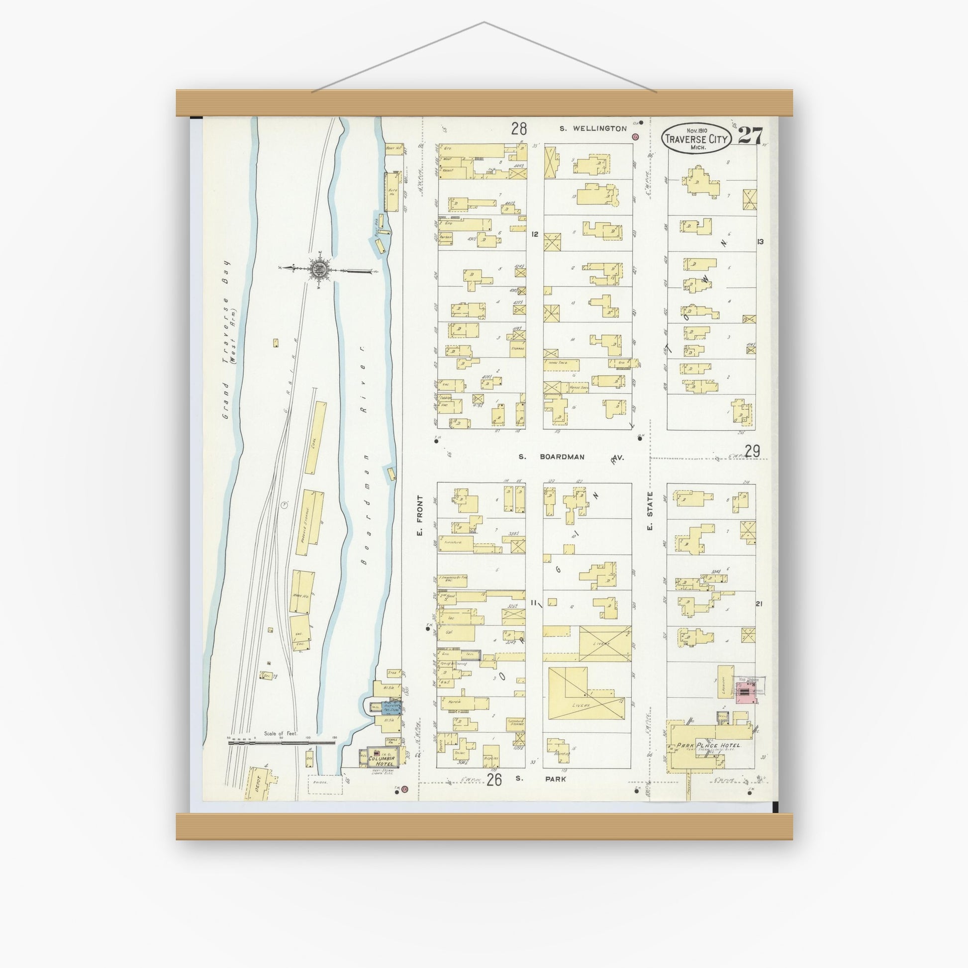 Old map wall art mockup — magnetic wood frame on white wall — Sanborn Fire Insurance Map from Traverse City, Grand Traverse County, Michigan (1910), Sheet #0027
