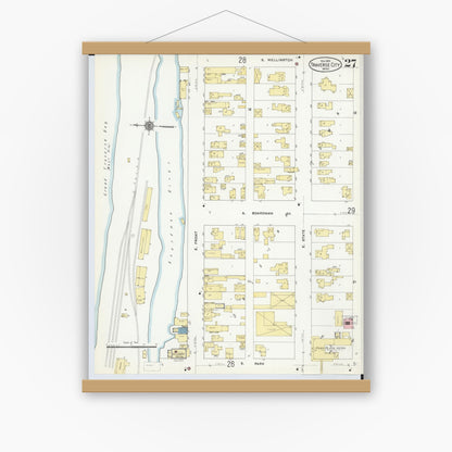 Old map wall art mockup — magnetic wood frame on white wall — Sanborn Fire Insurance Map from Traverse City, Grand Traverse County, Michigan (1910), Sheet #0027