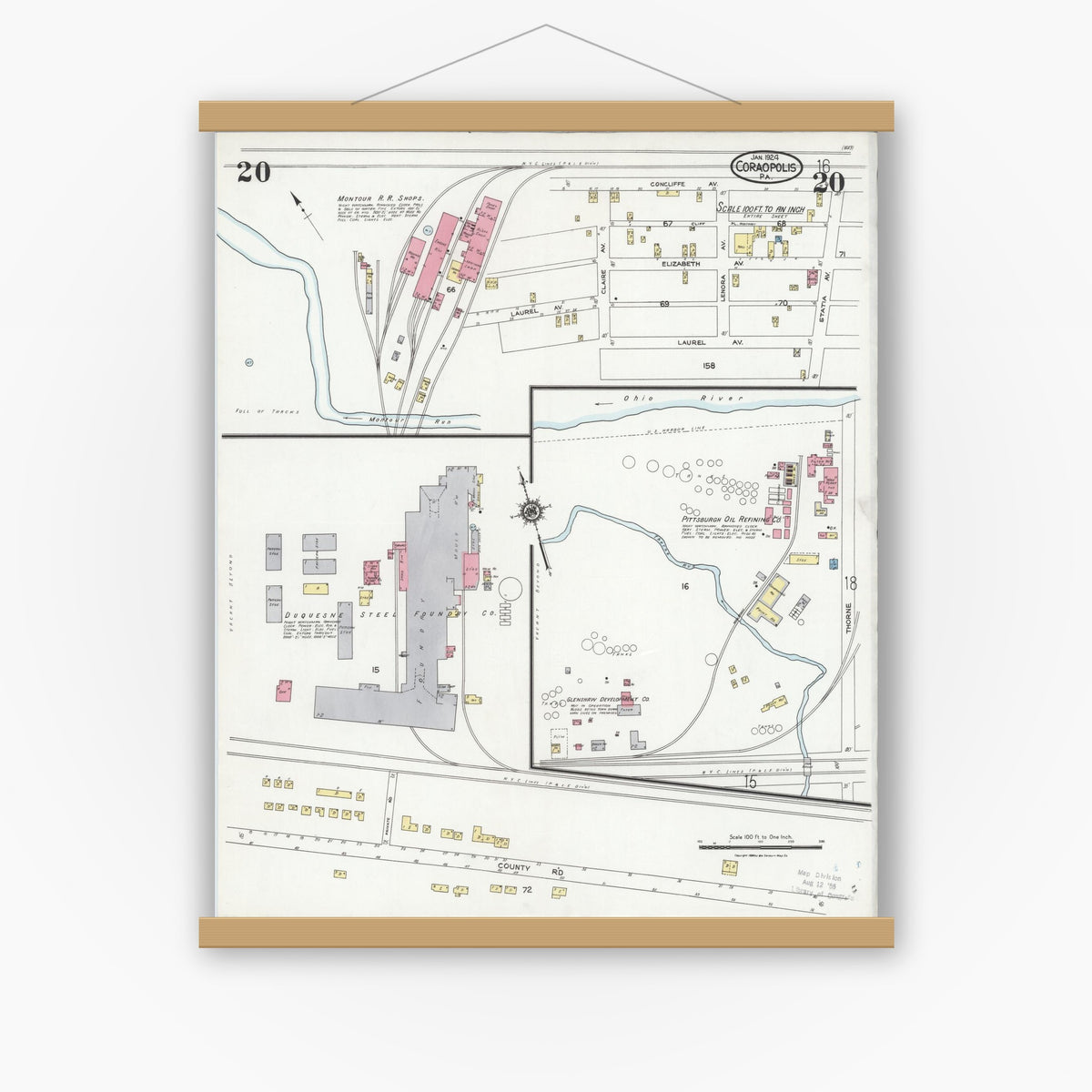Old map wall art mockup — magnetic wood frame on white wall — Sanborn Fire Insurance Map from Coraopolis, Allegheny County, Pennsylvania (1924), Sheet #0020