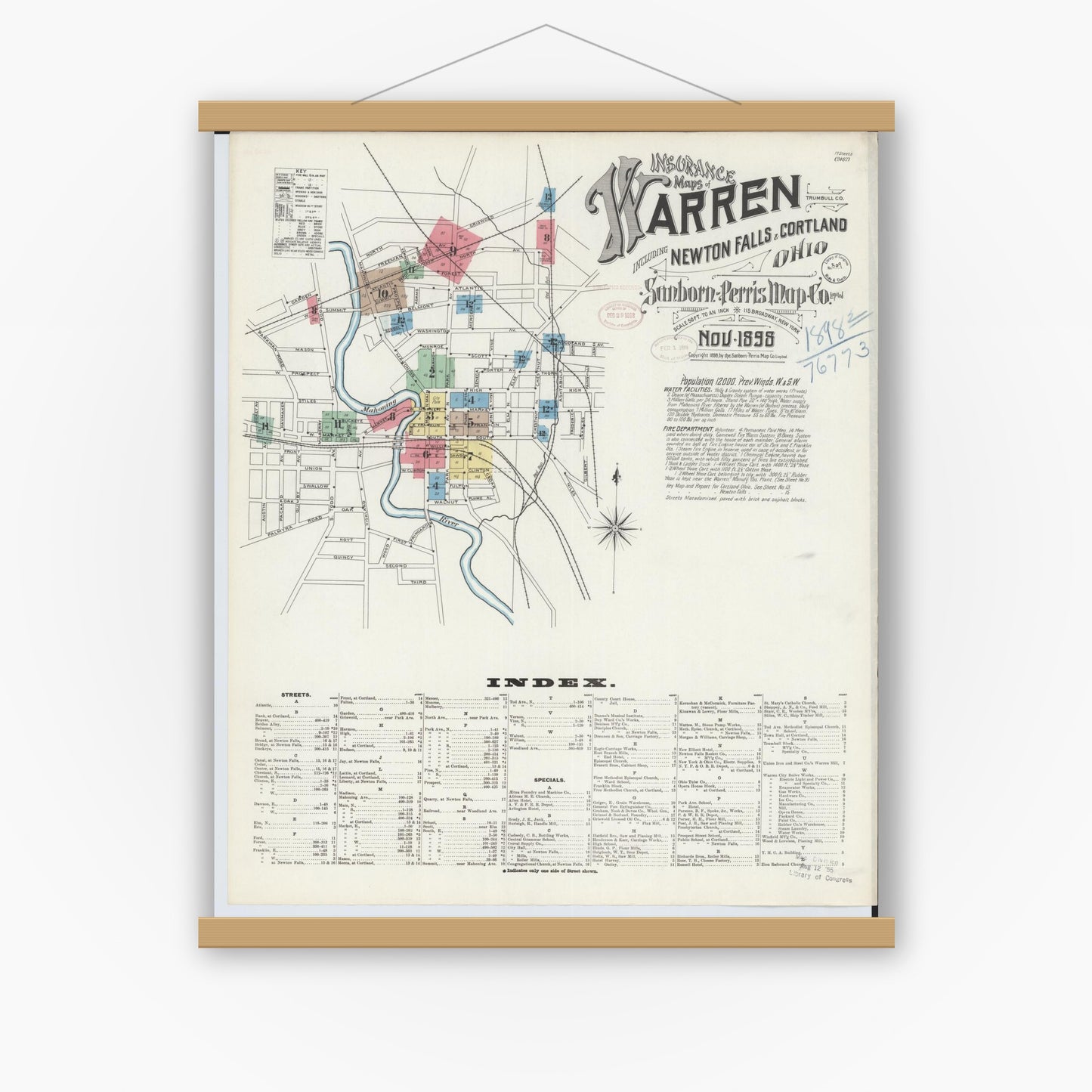 Old map wall art mockup — magnetic wood frame on white wall — Sanborn Fire Insurance Map from Warren, Trumbull County, Ohio (1898) - Complete Map Set