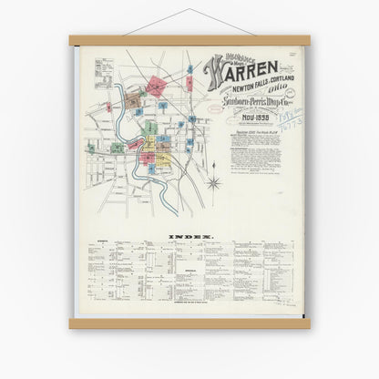 Old map wall art mockup — magnetic wood frame on white wall — Sanborn Fire Insurance Map from Warren, Trumbull County, Ohio (1898) - Complete Map Set