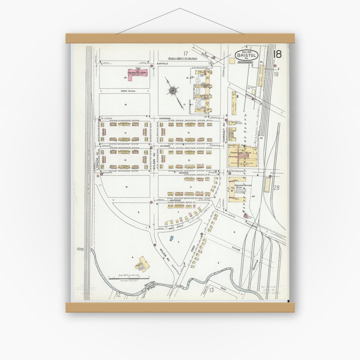 Old map wall art mockup — magnetic wood frame on white wall — Sanborn Fire Insurance Map from Bristol, Bucks County, Pennsylvania (1927), Sheet #0018