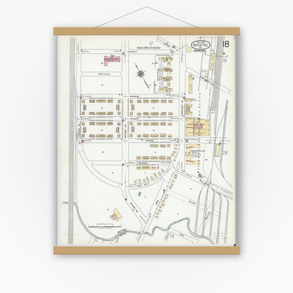 Old map wall art mockup — magnetic wood frame on white wall — Sanborn Fire Insurance Map from Bristol, Bucks County, Pennsylvania (1927), Sheet #0018