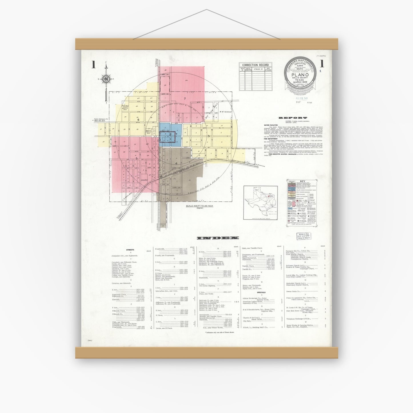 Old map wall art mockup — magnetic wood frame on white wall — Sanborn Fire Insurance Map from Plano, Collin County, Texas (1949), Sheet #0001