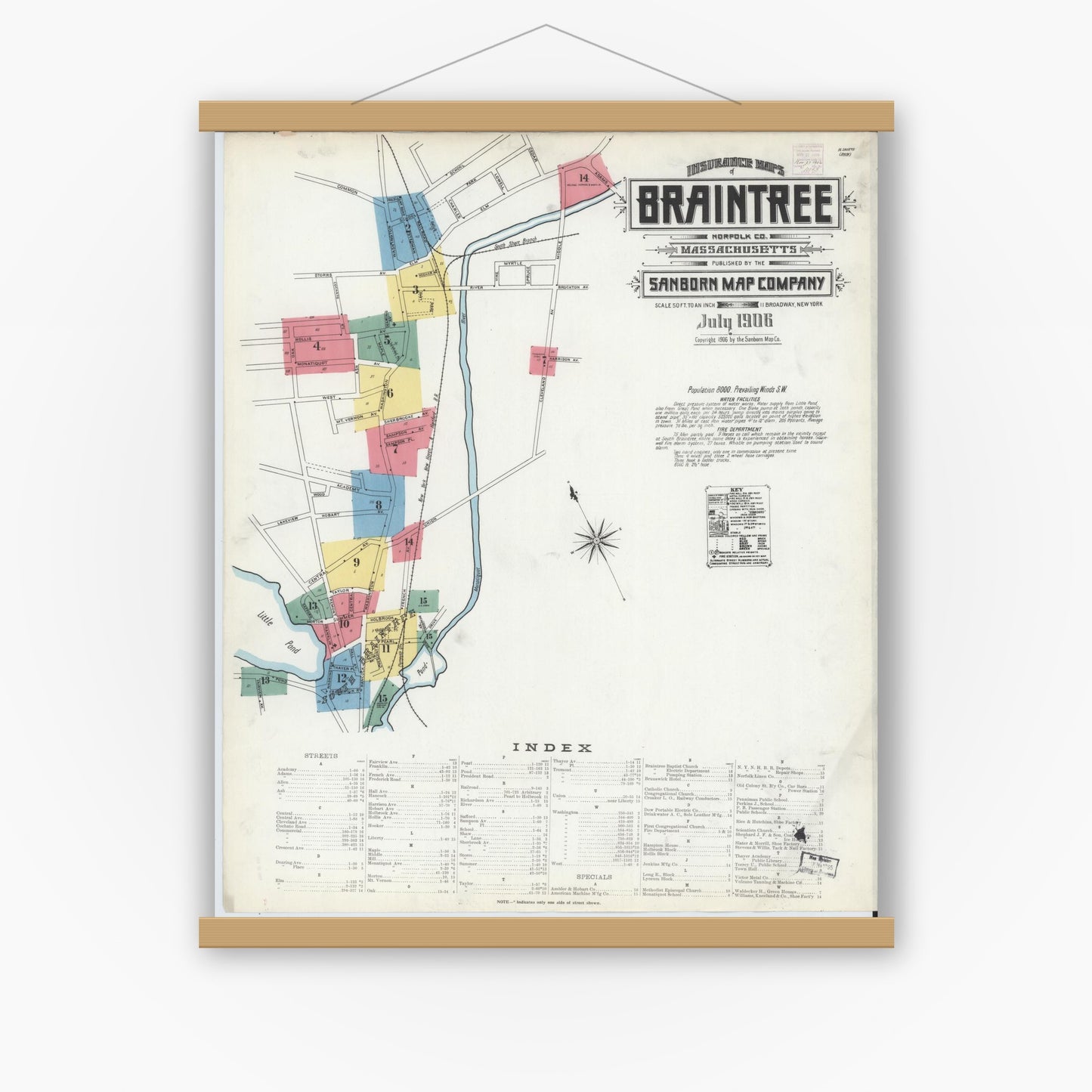 Old map wall art mockup — magnetic wood frame on white wall — Sanborn Fire Insurance Map from Braintree, Norfolk County, Massachusetts (1906), Sheet #0001