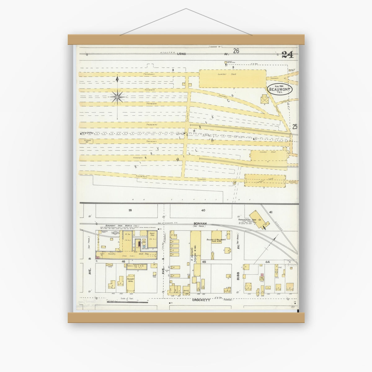 Old map wall art mockup — magnetic wood frame on white wall — Sanborn Fire Insurance Map from Beaumont, Jefferson County, Texas (1904), Sheet #0024