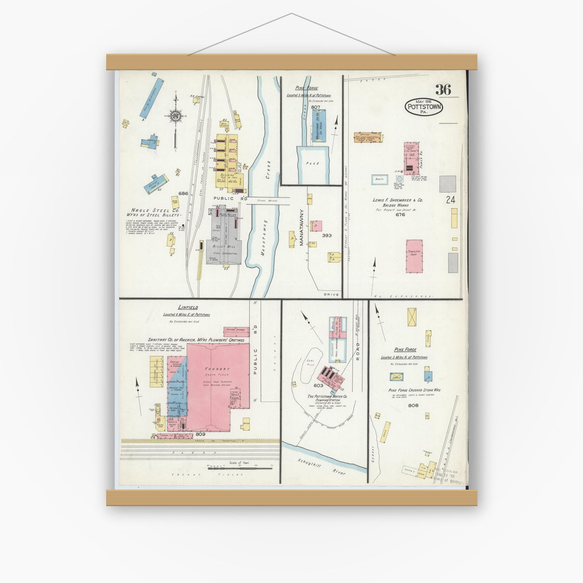 Old map wall art mockup — magnetic wood frame on white wall — Sanborn Fire Insurance Map from Pottstown, Montgomery County, Pennsylvania (1916), Sheet #0036