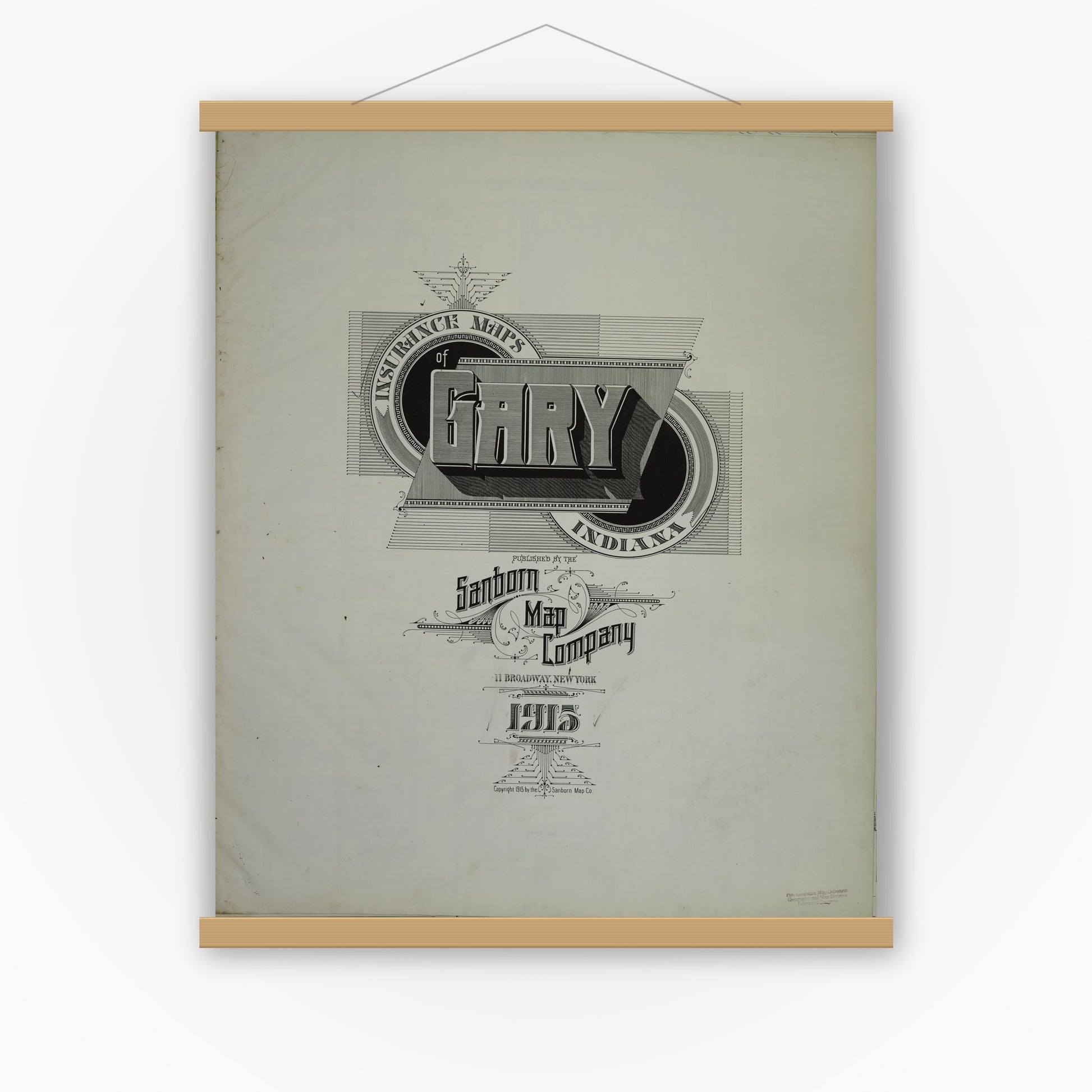 Old map wall art mockup — magnetic wood frame on white wall — Sanborn Fire Insurance Map from Gary, Lake County, Indiana (1915), Sheet #0001