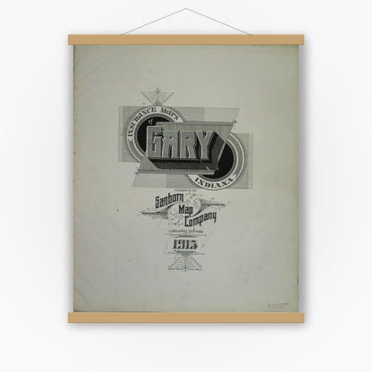 Old map wall art mockup — magnetic wood frame on white wall — Sanborn Fire Insurance Map from Gary, Lake County, Indiana (1915), Sheet #0001