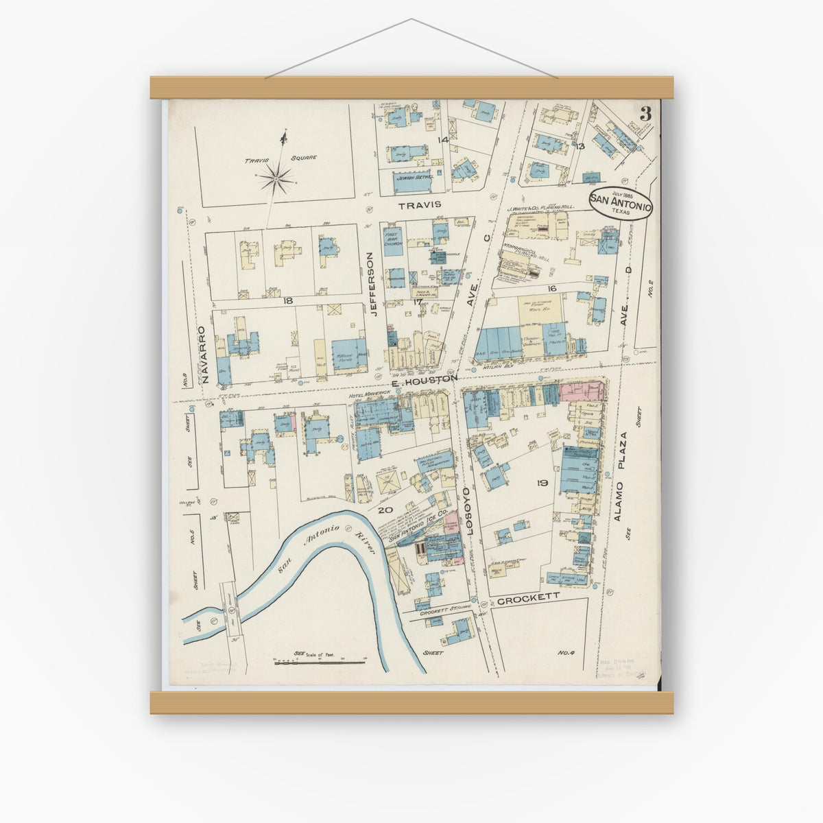 Old map wall art mockup — magnetic wood frame on white wall — Sanborn Fire Insurance Map from San Antonio, Bexar County, Texas (1885), Sheet #0003