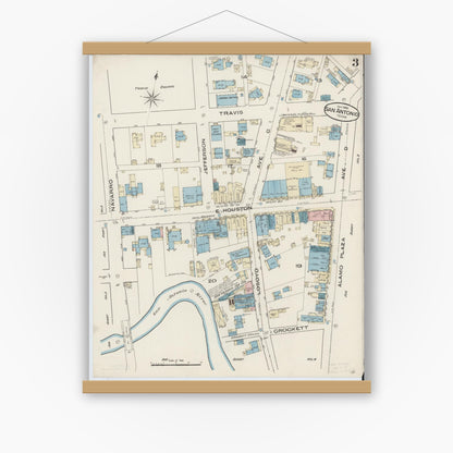 Old map wall art mockup — magnetic wood frame on white wall — Sanborn Fire Insurance Map from San Antonio, Bexar County, Texas (1885), Sheet #0003
