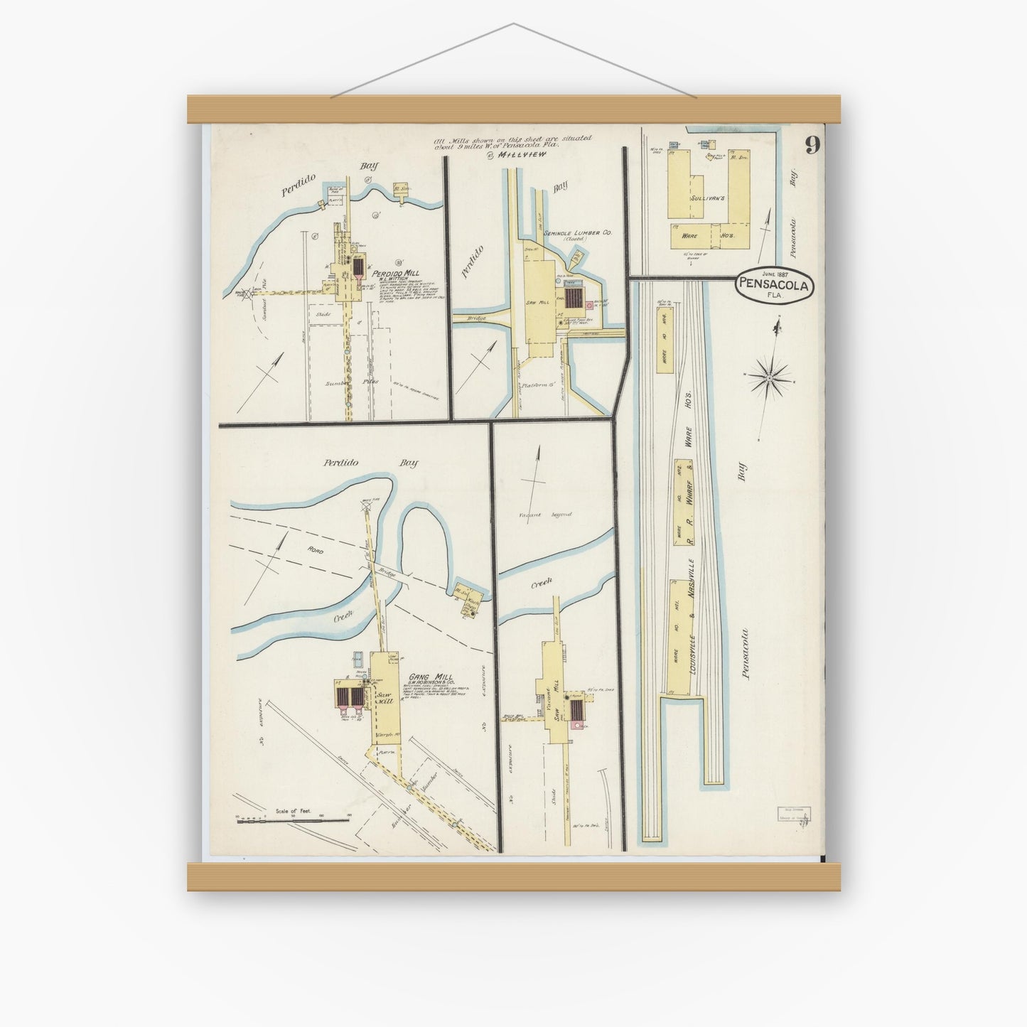 Old map wall art mockup — magnetic wood frame on white wall — Sanborn Fire Insurance Map from Pensacola, Escambia County, Florida (1887), Sheet #0009