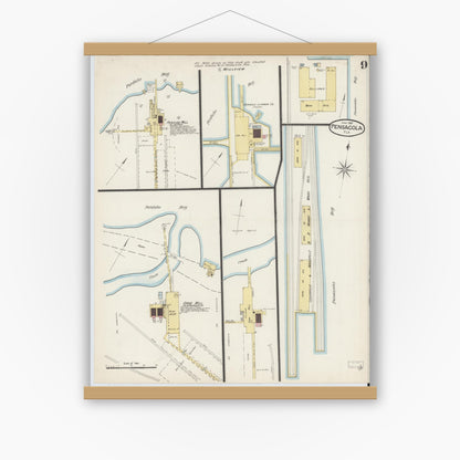Old map wall art mockup — magnetic wood frame on white wall — Sanborn Fire Insurance Map from Pensacola, Escambia County, Florida (1887), Sheet #0009