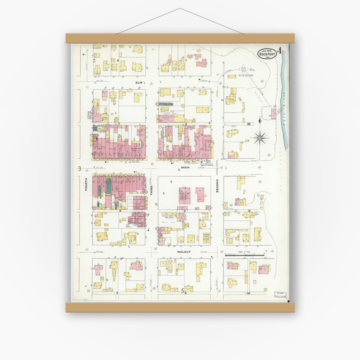Old map wall art mockup — magnetic wood frame on white wall — Sanborn Fire Insurance Map from Rockport, Spencer County, Indiana (1909), Sheet #0004