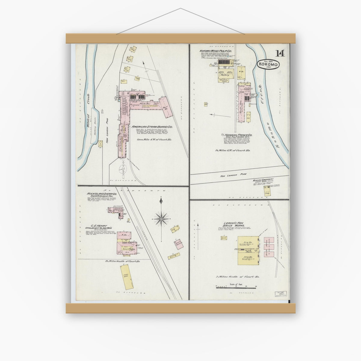Old map wall art mockup — magnetic wood frame on white wall — Sanborn Fire Insurance Map from Kokomo, Howard County, Indiana (1889), Sheet #0014