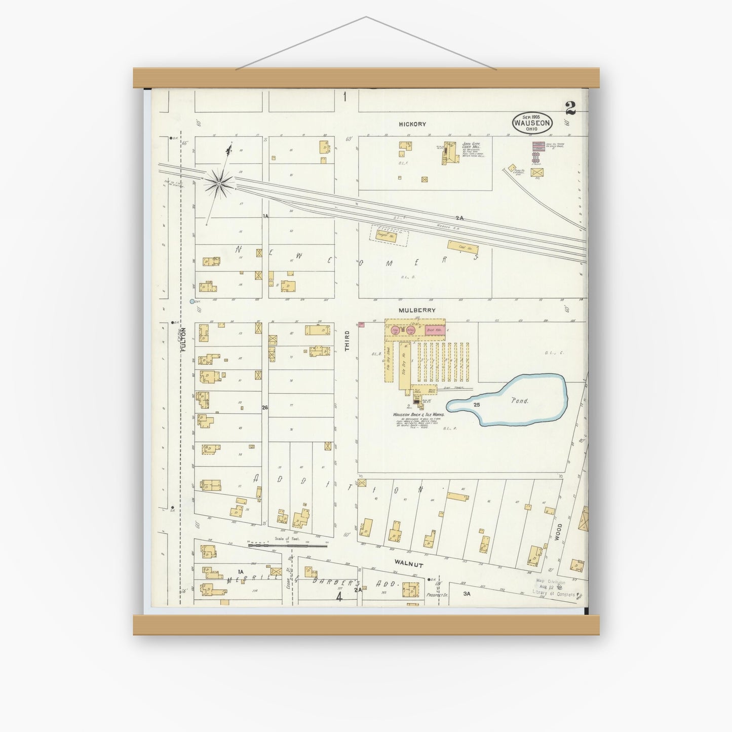 Old map wall art mockup — magnetic wood frame on white wall — Sanborn Fire Insurance Map from Wauseon, Fulton County, Ohio (1905), Sheet #0002
