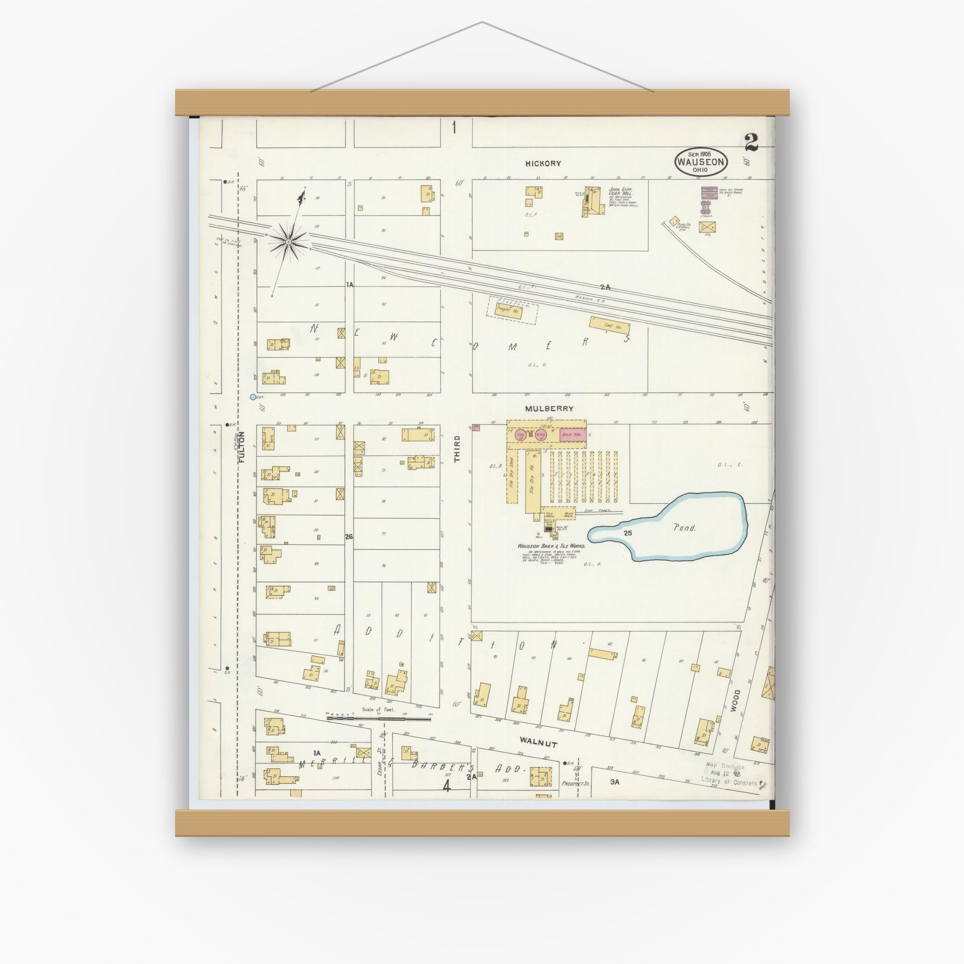 Old map wall art mockup — magnetic wood frame on white wall — Sanborn Fire Insurance Map from Wauseon, Fulton County, Ohio (1905), Sheet #0002