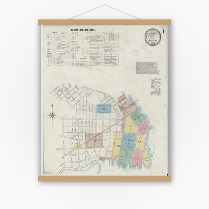 Old map wall art mockup — magnetic wood frame on white wall — Sanborn Fire Insurance Map from New Bern, Craven County, North Carolina (1898) - Complete Map Set