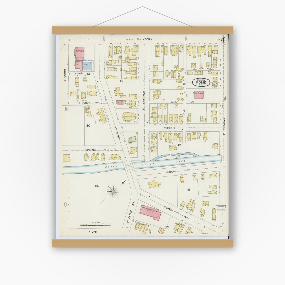 Old map wall art mockup — magnetic wood frame on white wall — Sanborn Fire Insurance Map from Rome, Oneida County, New York (1894), Sheet #0004