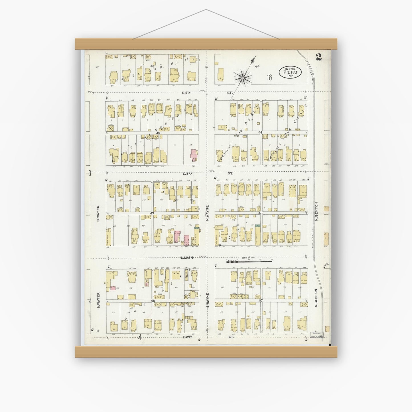 Old map wall art mockup — magnetic wood frame on white wall — Sanborn Fire Insurance Map from Peru, Miami County, Indiana (1906), Sheet #0002