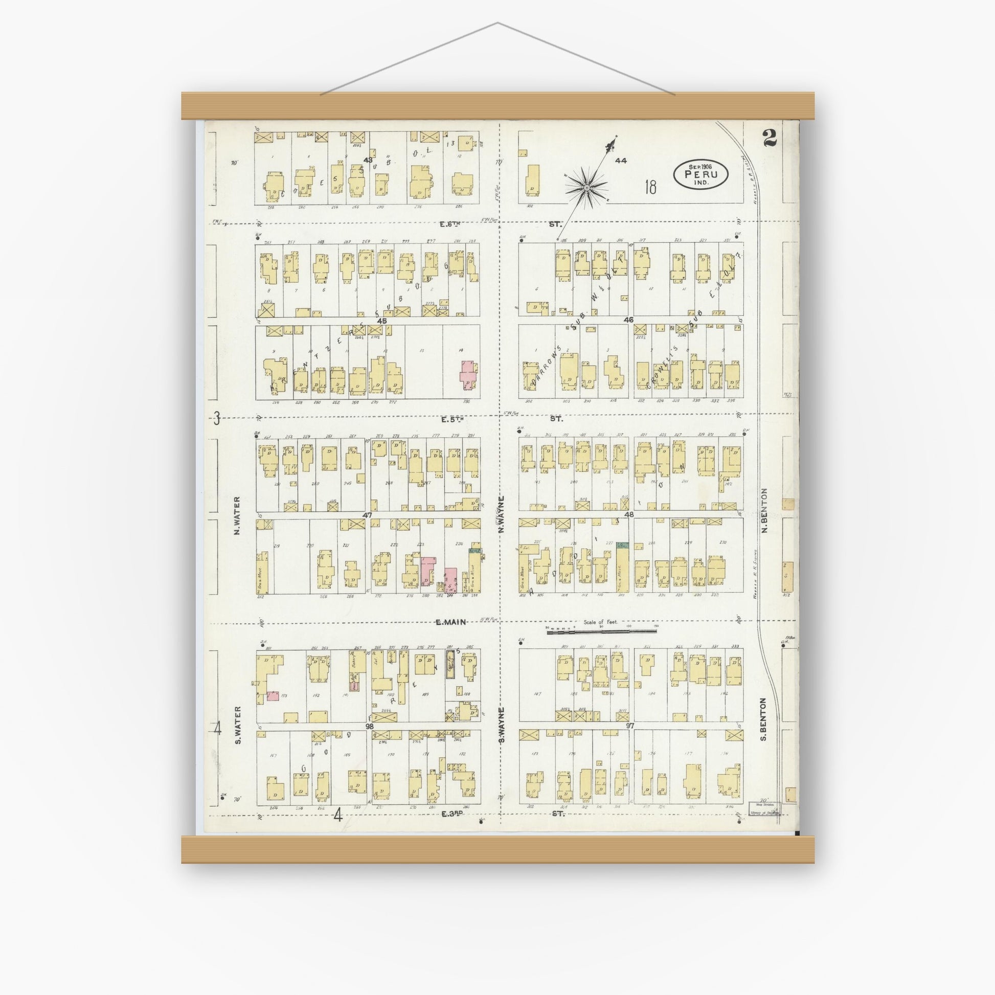 Old map wall art mockup — magnetic wood frame on white wall — Sanborn Fire Insurance Map from Peru, Miami County, Indiana (1906), Sheet #0002