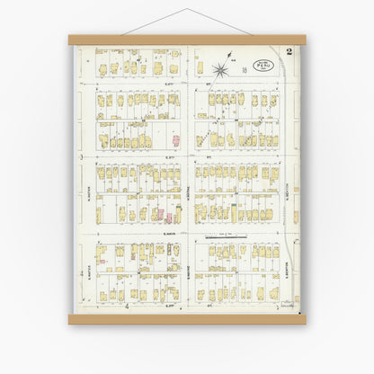 Old map wall art mockup — magnetic wood frame on white wall — Sanborn Fire Insurance Map from Peru, Miami County, Indiana (1906), Sheet #0002
