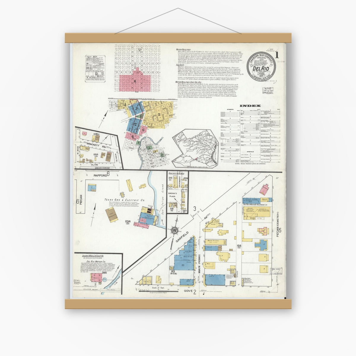 Old map wall art mockup — magnetic wood frame on white wall — Sanborn Fire Insurance Map from Del Rio, Val Verde County, Texas (1917), Sheet #0001