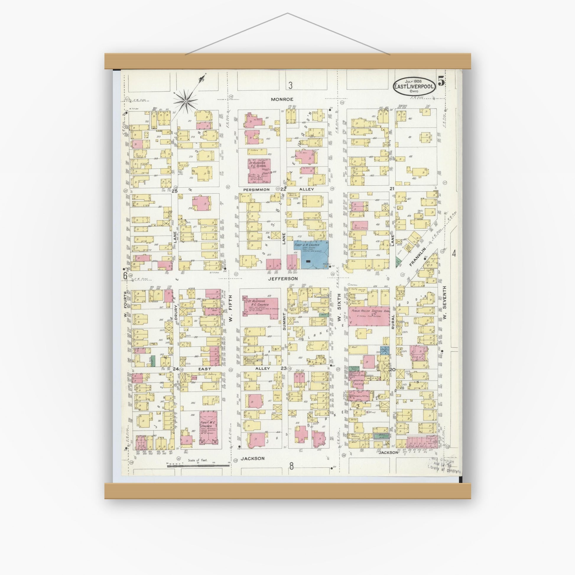 Old map wall art mockup — magnetic wood frame on white wall — Sanborn Fire Insurance Map from East Liverpool, Columbiana County, Ohio (1908), Sheet #0005