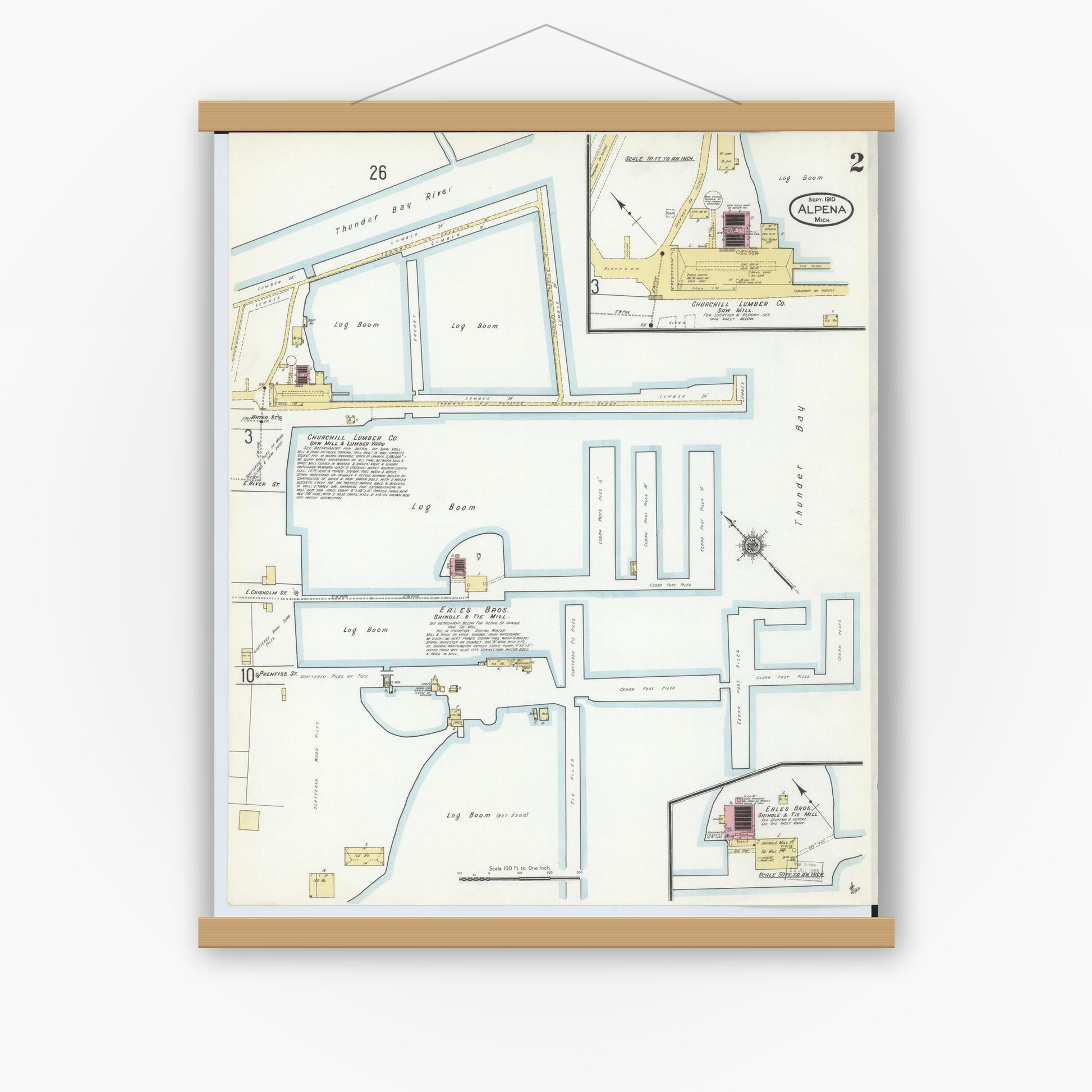 Old map wall art mockup — magnetic wood frame on white wall — Sanborn Fire Insurance Map from Alpena, Alpena County, Michigan (1910), Sheet #0002