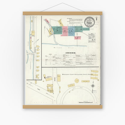Old map wall art mockup — magnetic wood frame on white wall — Sanborn Fire Insurance Map from Fonda, Montgomery County, New York (1912) - Complete Map Set