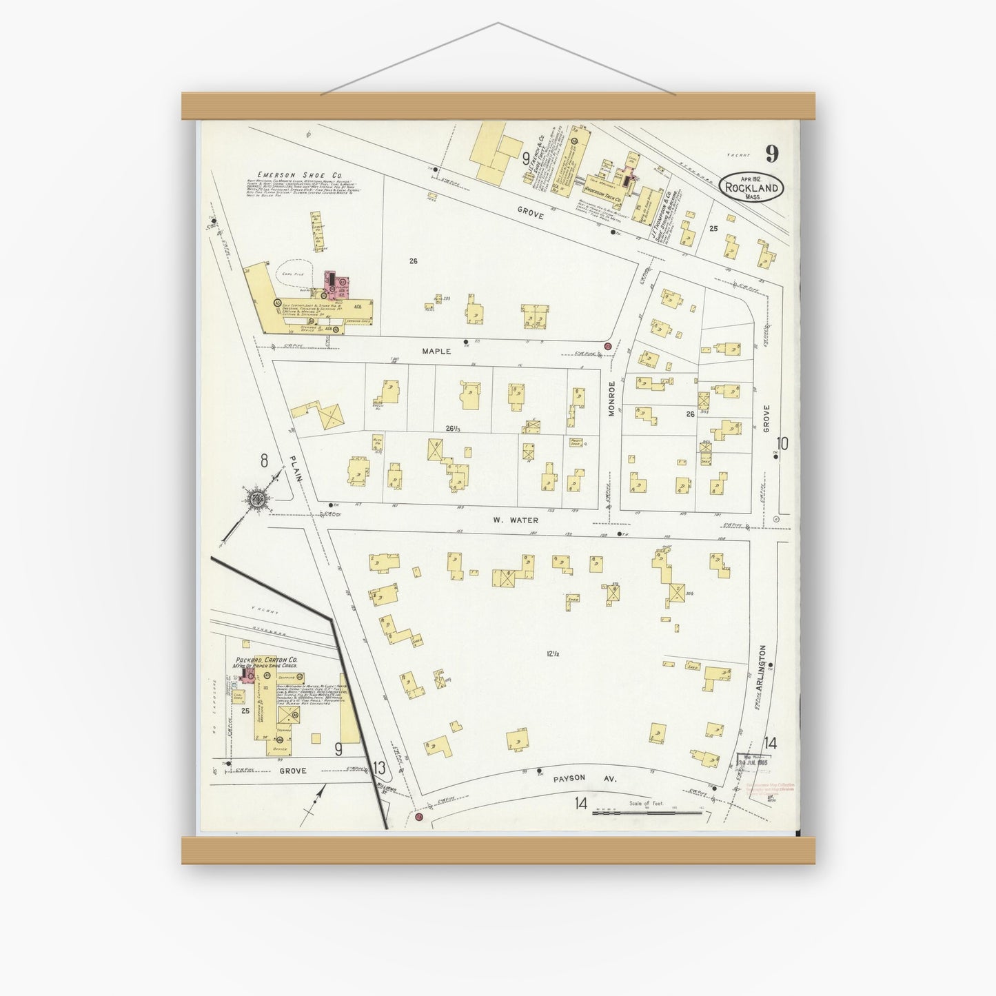 Old map wall art mockup — magnetic wood frame on white wall — Sanborn Fire Insurance Map from Rockland, Plymouth County, Massachusetts (1912), Sheet #0009