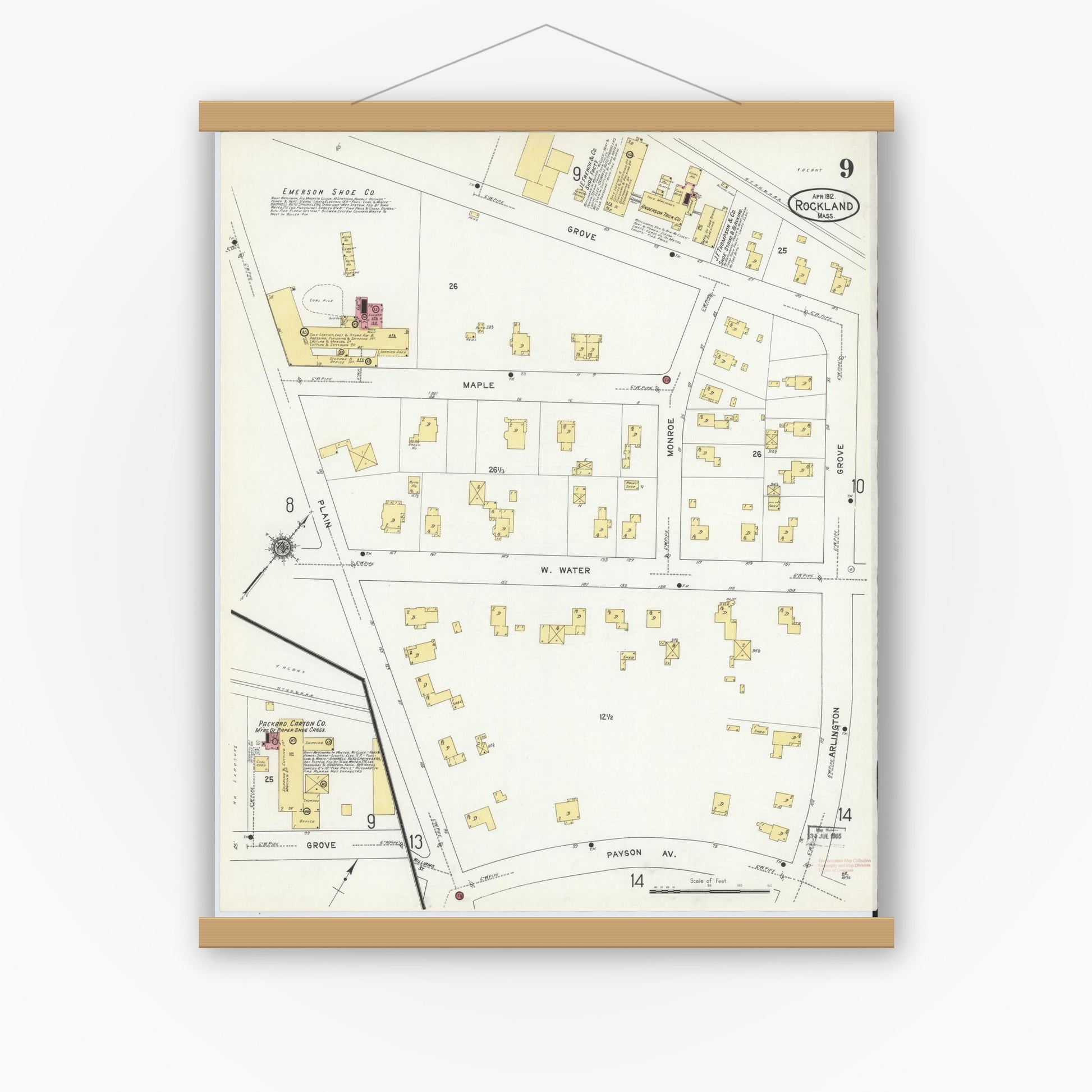 Old map wall art mockup — magnetic wood frame on white wall — Sanborn Fire Insurance Map from Rockland, Plymouth County, Massachusetts (1912), Sheet #0009