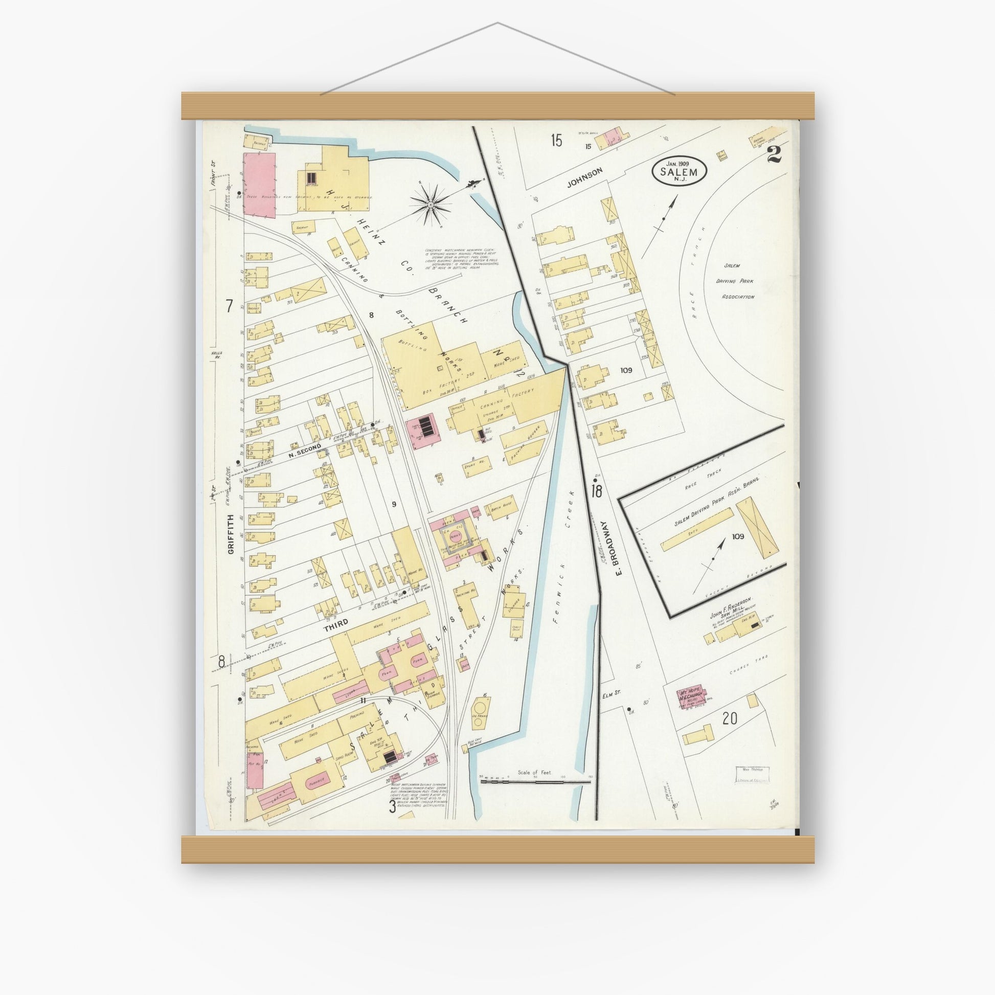Old map wall art mockup — magnetic wood frame on white wall — Sanborn Fire Insurance Map from Salem, Salem County, New Jersey (1909) - Complete Map Set