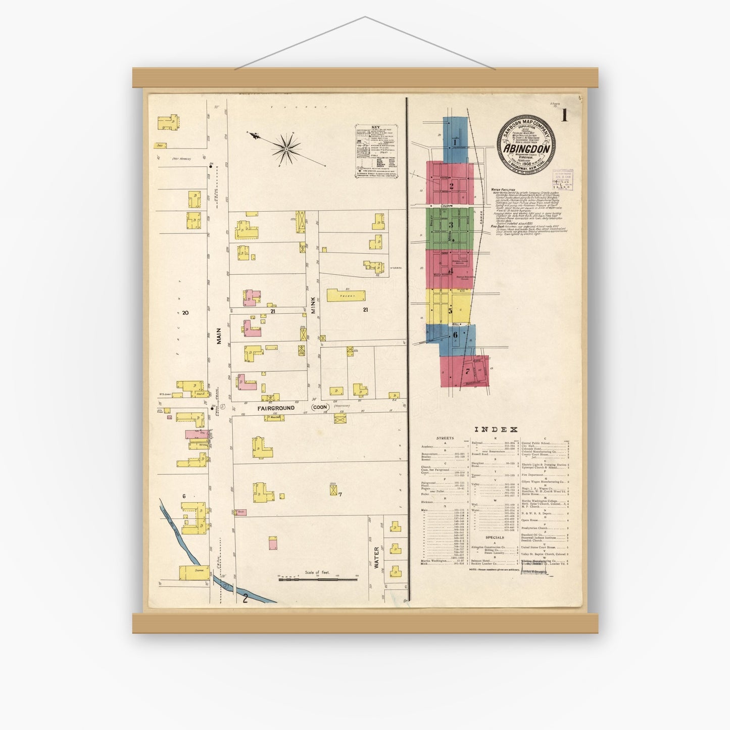 Old map wall art mockup — magnetic wood frame on white wall — Sanborn Fire Insurance Map from Abingdon, Washington County, Virginia (1908), Sheet #0001