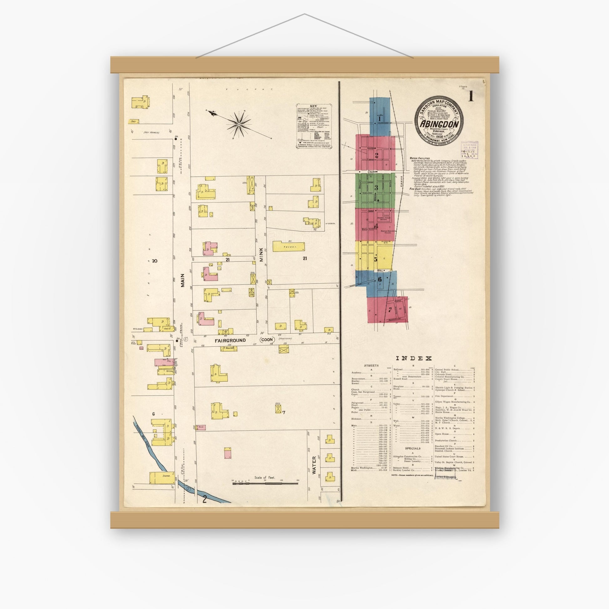 Old map wall art mockup — magnetic wood frame on white wall — Sanborn Fire Insurance Map from Abingdon, Washington County, Virginia (1908), Sheet #0001
