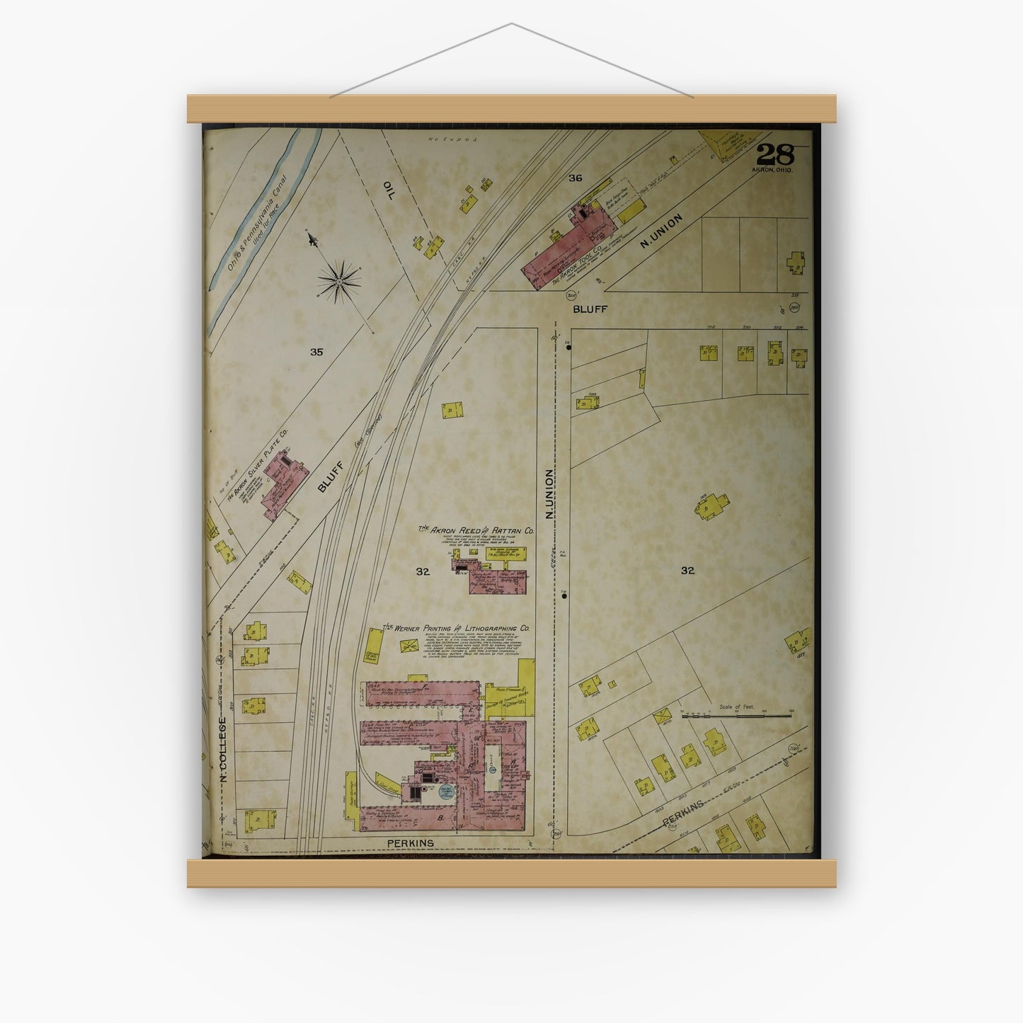 Old map wall art mockup — magnetic wood frame on white wall — Sanborn Fire Insurance Map from Akron, Summit County, Ohio (1892), Sheet #0028