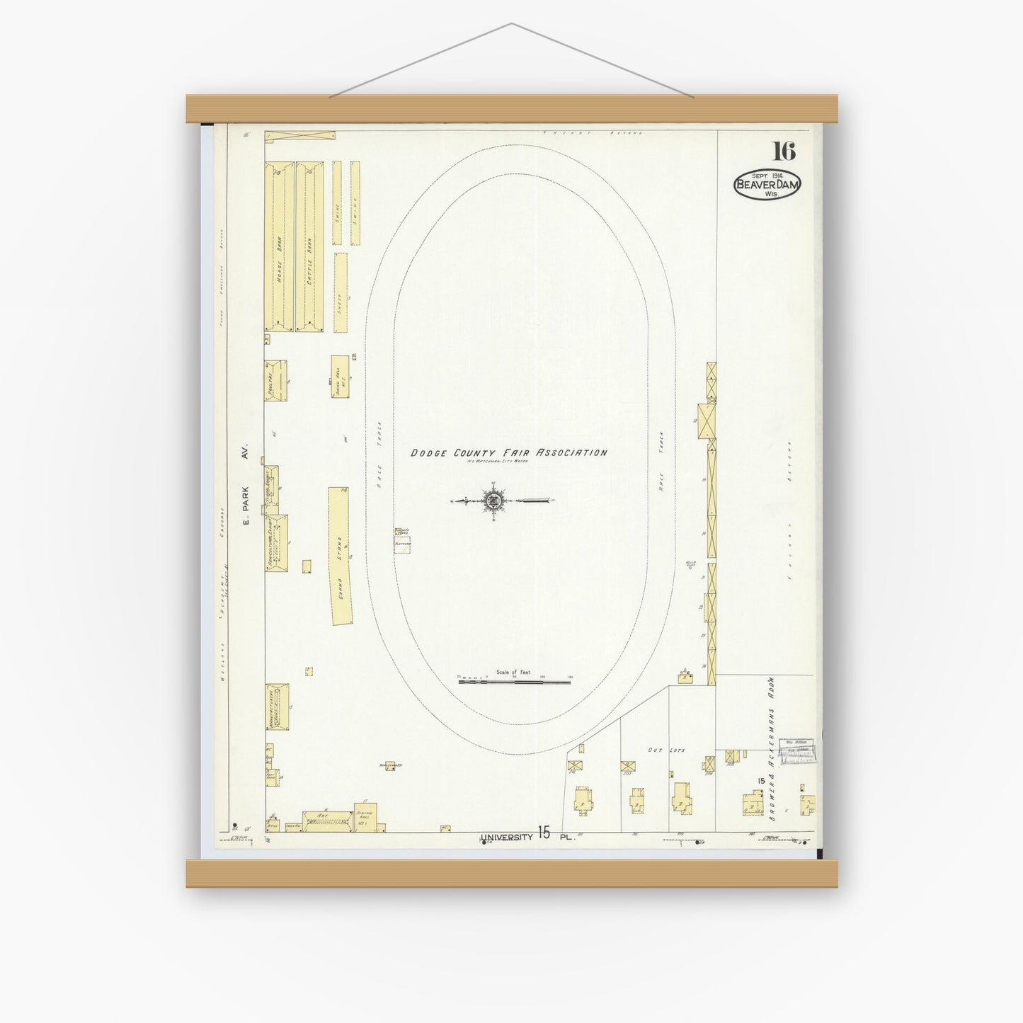 Old map wall art mockup — magnetic wood frame on white wall — Sanborn Fire Insurance Map from Beaver Dam, Dodge County, Wisconsin (1914), Sheet #0016