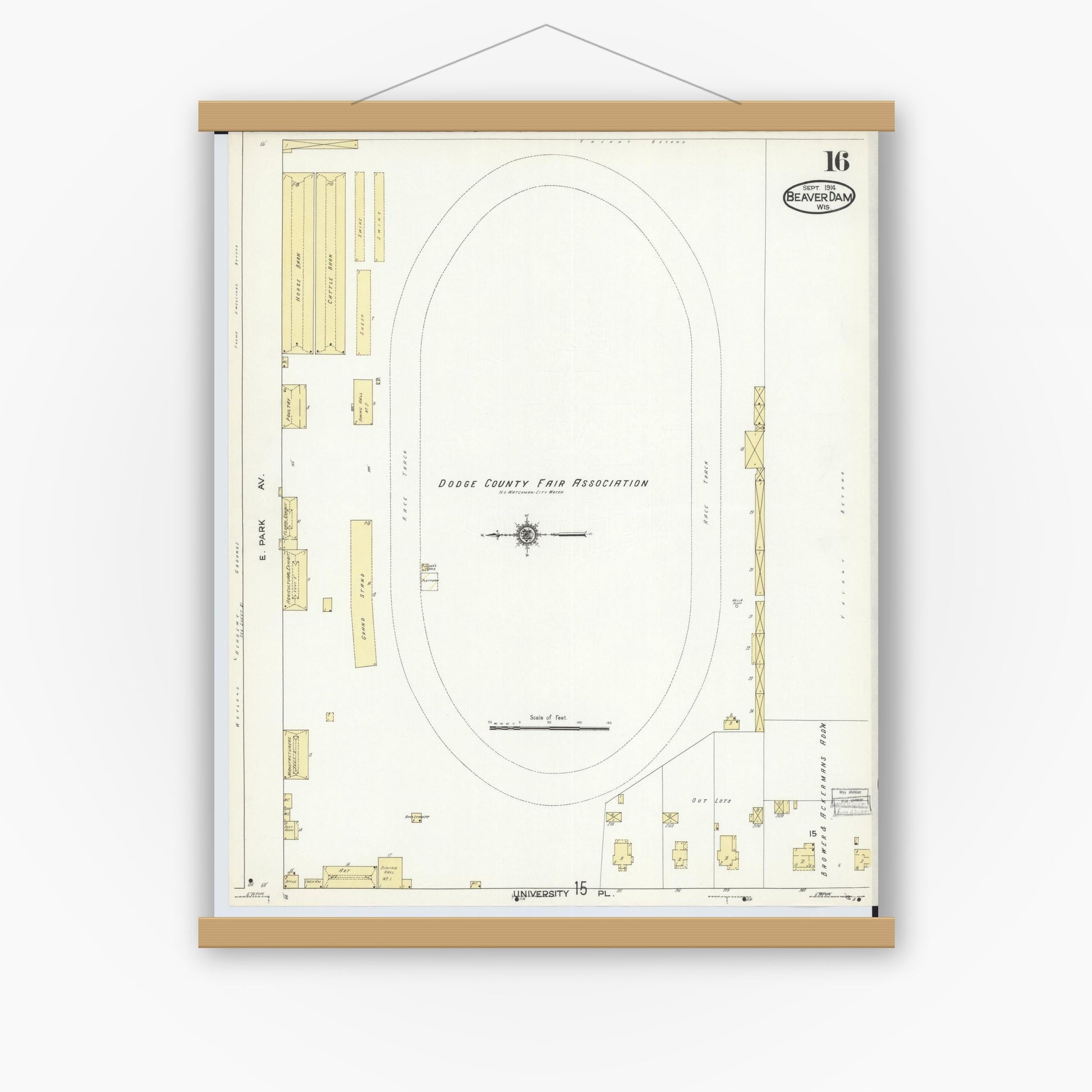 Old map wall art mockup — magnetic wood frame on white wall — Sanborn Fire Insurance Map from Beaver Dam, Dodge County, Wisconsin (1914), Sheet #0016