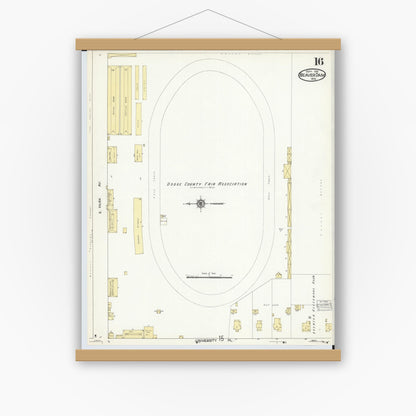 Old map wall art mockup — magnetic wood frame on white wall — Sanborn Fire Insurance Map from Beaver Dam, Dodge County, Wisconsin (1914), Sheet #0016