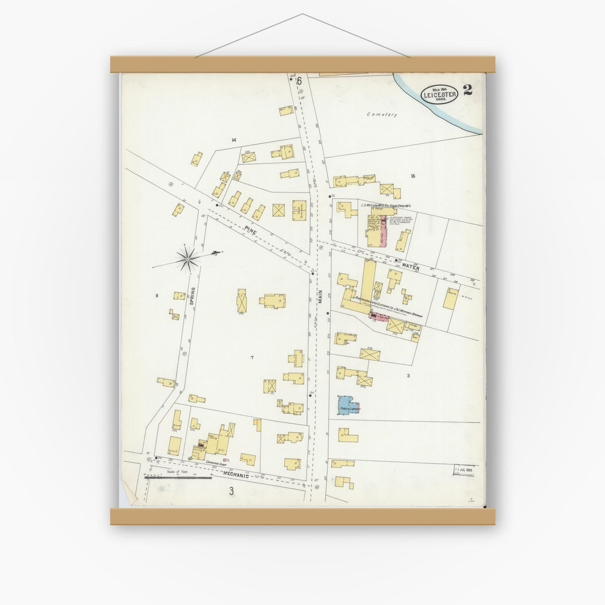 Old map wall art mockup — magnetic wood frame on white wall — Sanborn Fire Insurance Map from Leicester, Worcester County, Massachusetts (1904), Sheet #0002