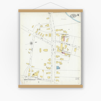 Old map wall art mockup — magnetic wood frame on white wall — Sanborn Fire Insurance Map from Leicester, Worcester County, Massachusetts (1904), Sheet #0002