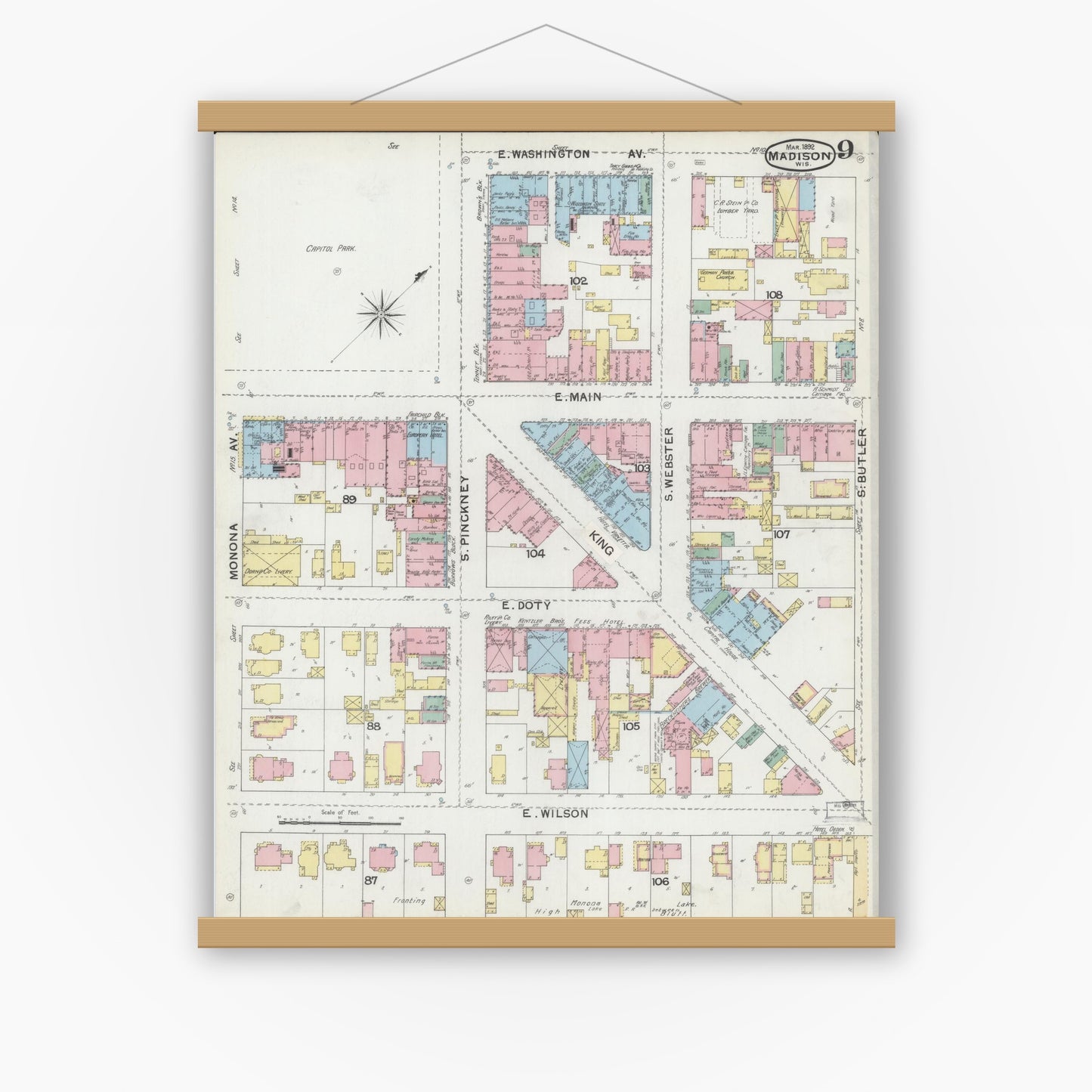 Old map wall art mockup — magnetic wood frame on white wall — Sanborn Fire Insurance Map from Madison, Dane County, Wisconsin (1892), Sheet #0009