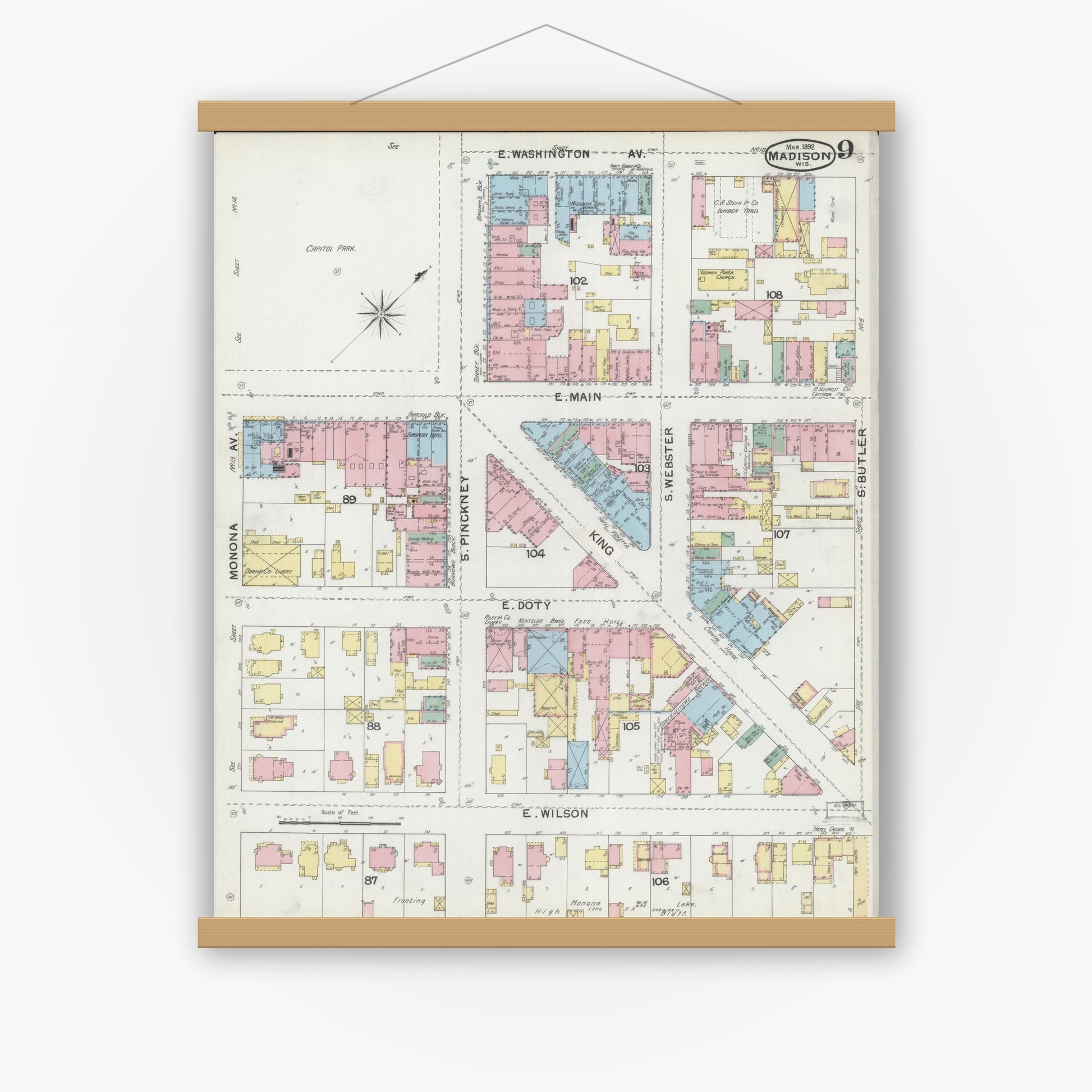 Old map wall art mockup — magnetic wood frame on white wall — Sanborn Fire Insurance Map from Madison, Dane County, Wisconsin (1892), Sheet #0009