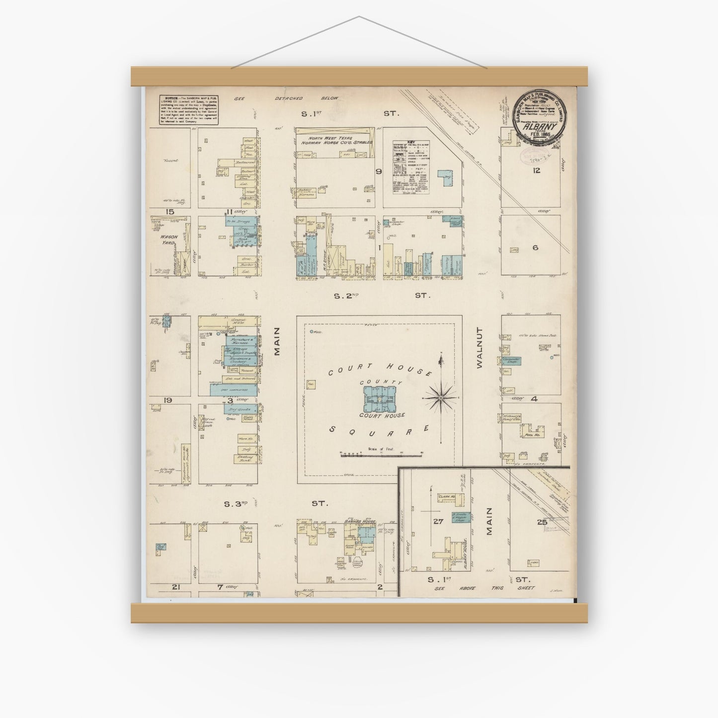 Old map wall art mockup — magnetic wood frame on white wall — Sanborn Fire Insurance Map from Albany, Shackelford County, Texas (1885), Sheet #0001