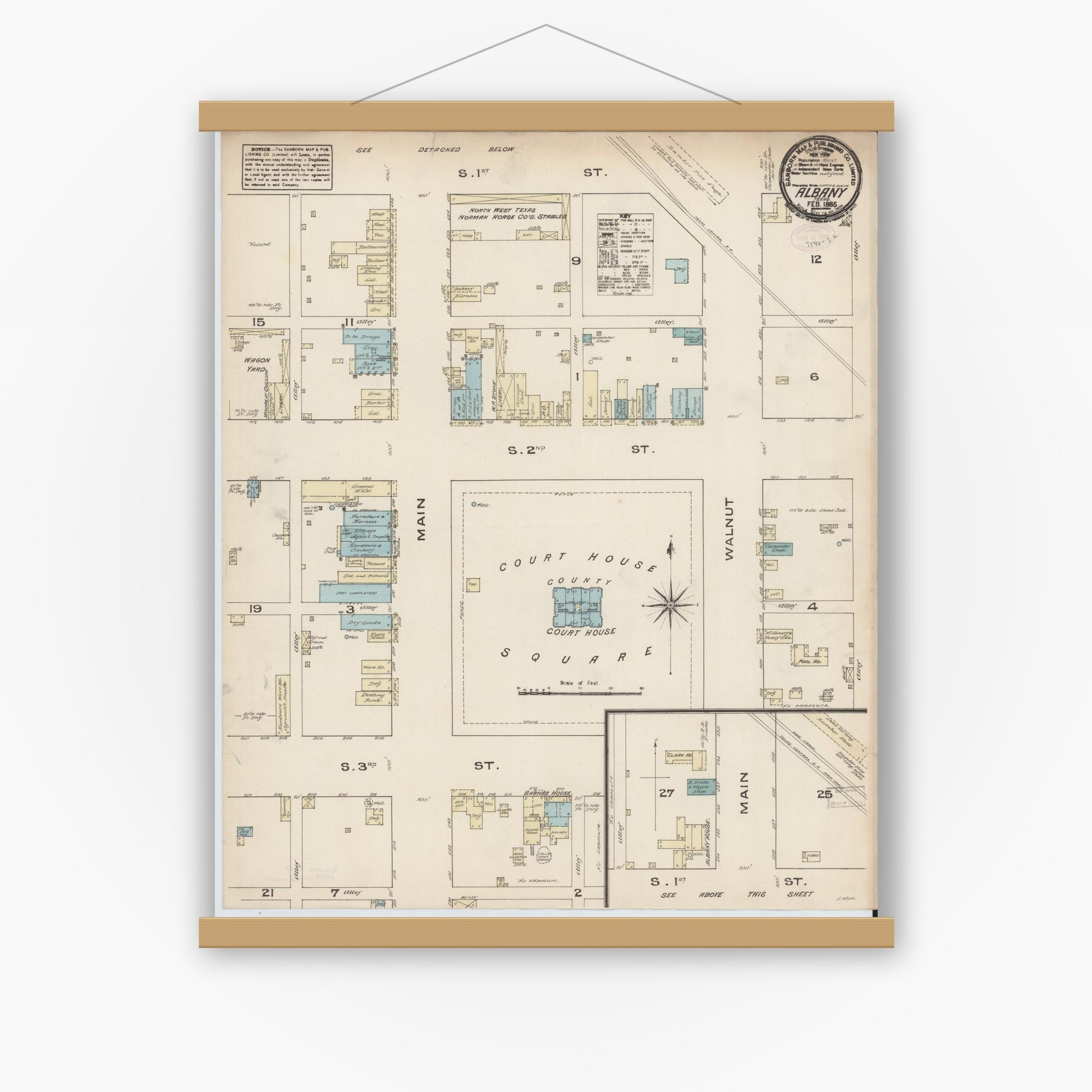 Old map wall art mockup — magnetic wood frame on white wall — Sanborn Fire Insurance Map from Albany, Shackelford County, Texas (1885), Sheet #0001