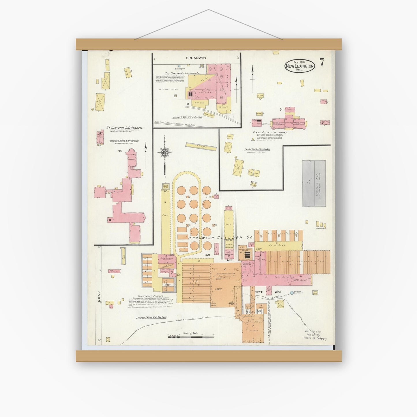 Old map wall art mockup — magnetic wood frame on white wall — Sanborn Fire Insurance Map from New Lexington, Perry County, Ohio (1916), Sheet #0007