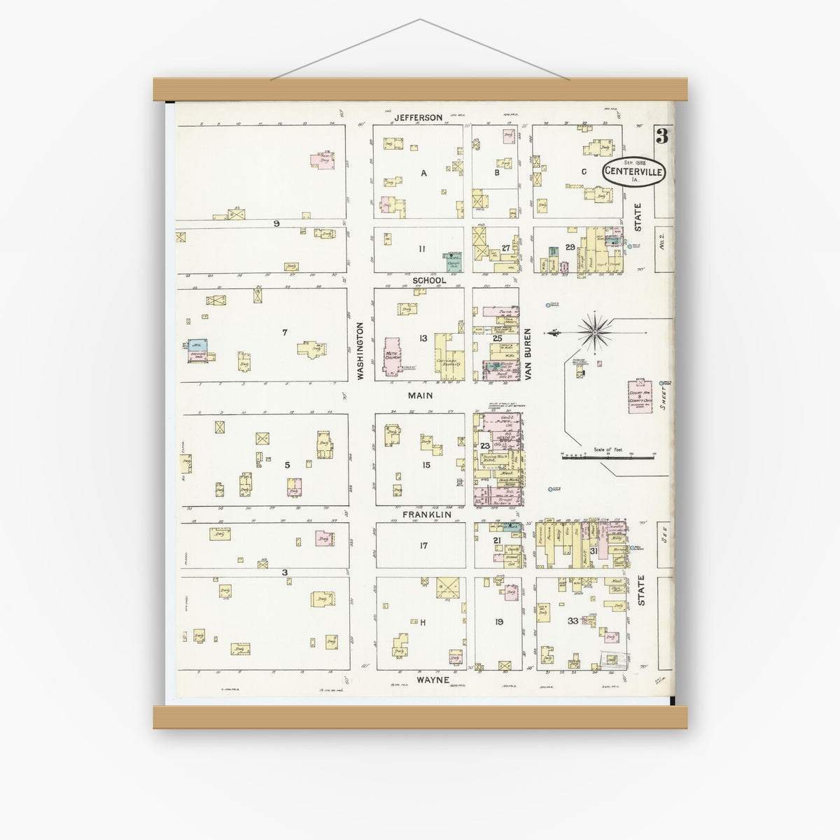 Old map wall art mockup — magnetic wood frame on white wall — Sanborn Fire Insurance Map from Centerville, Appanoose County, Iowa (1888), Sheet #0003